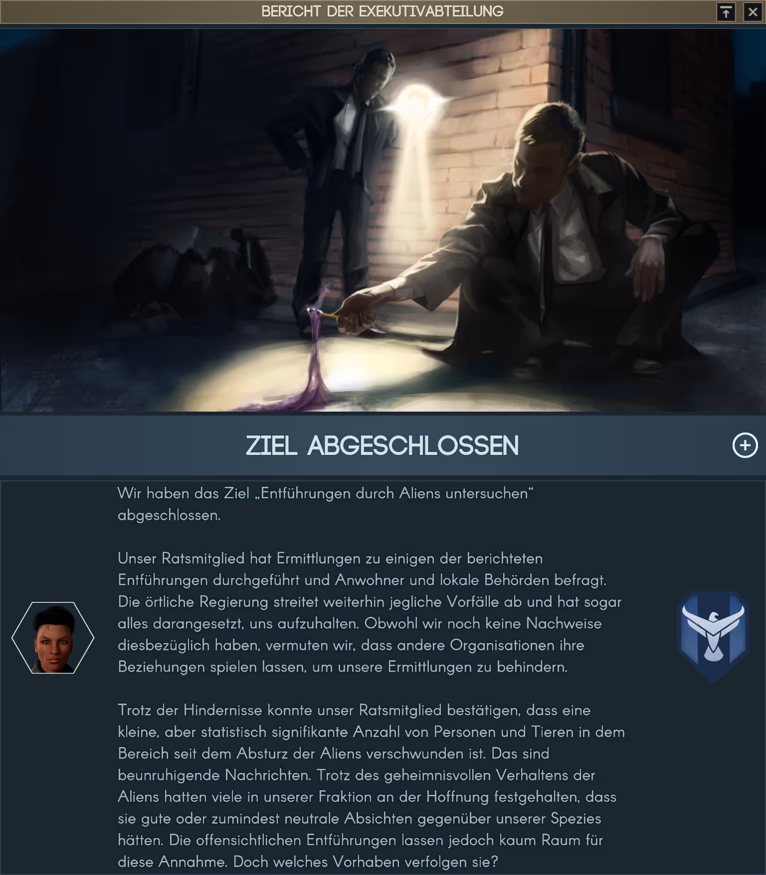 Ziel abgeschlossen: Entführungen durch Aliens untersuchen Bild: Ziel abgeschlossen: Entführungen durch Aliens untersuchen